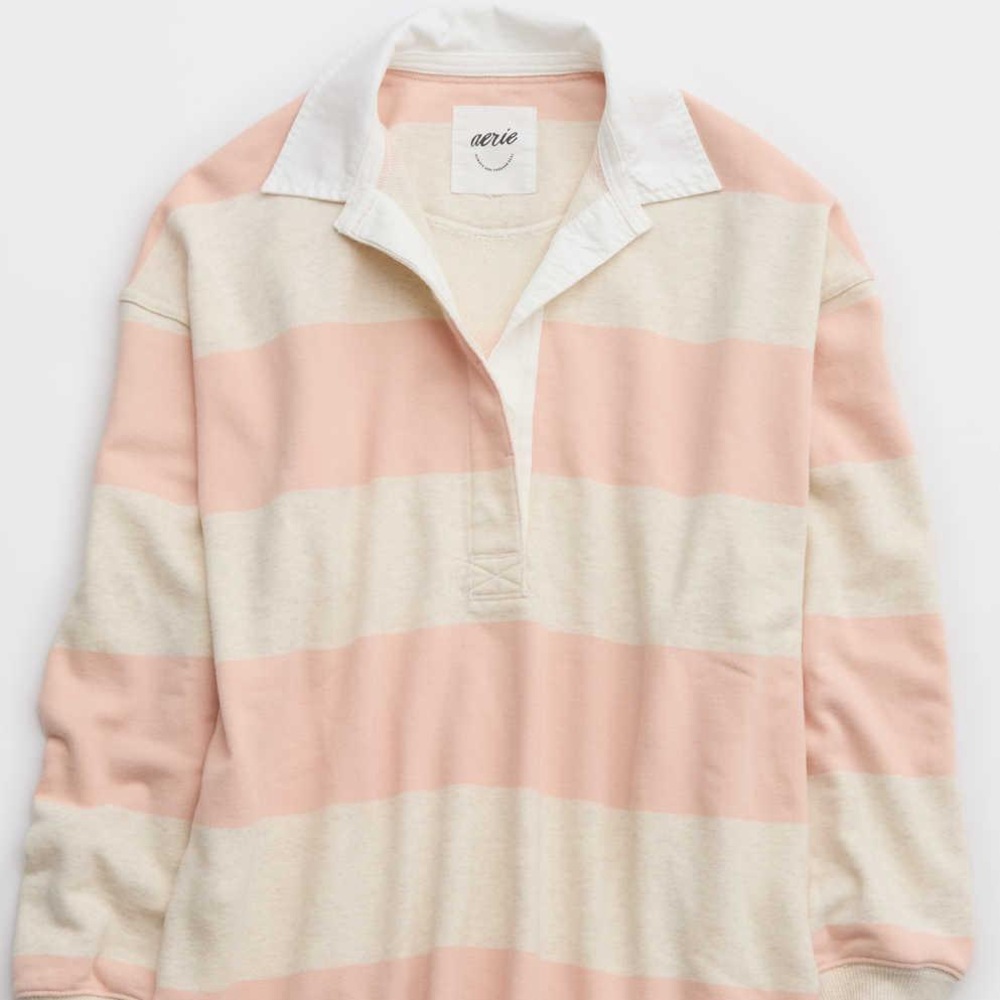 Aerie Prep Rally Rugby Sweatshirt in dusty rose pink and cream stripes. Size XXL